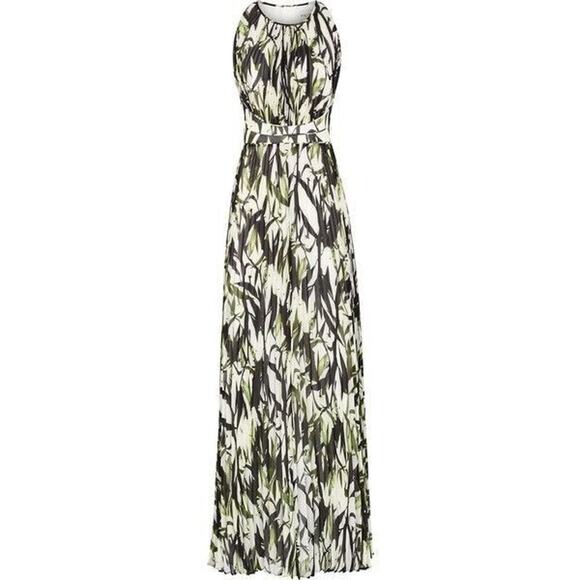 Reiss Winnie Printed Pleated Maxi Dress Size 2 Green Leaves Cocktail Evening - Picture 1 of 10